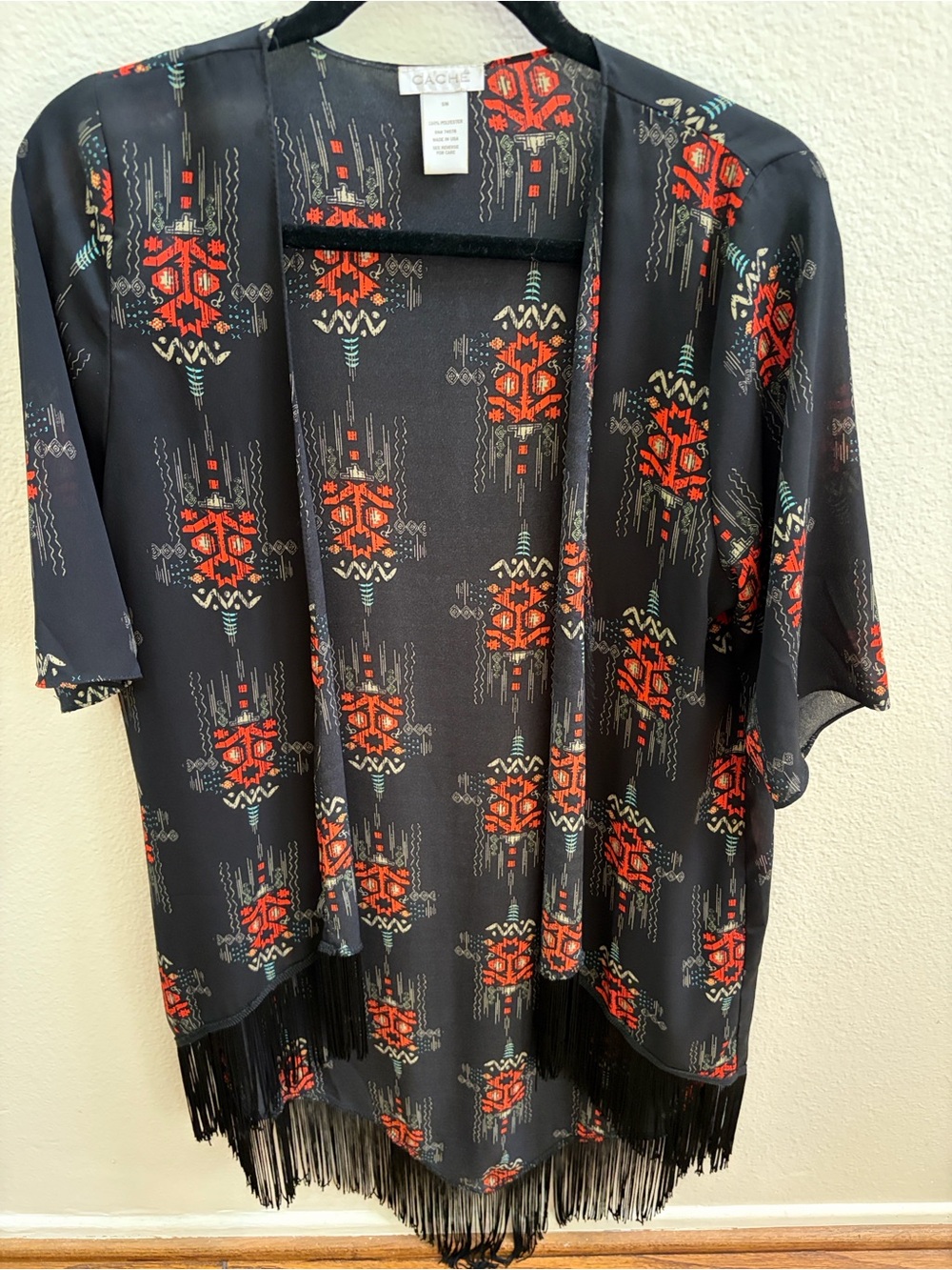 Cache Black Kimono Jacket with Red & Teal Aztec Print